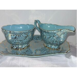 James Kent Staffordshire Old Foley Turquoise Floral Gold Creamer Sugar Bowl Tray